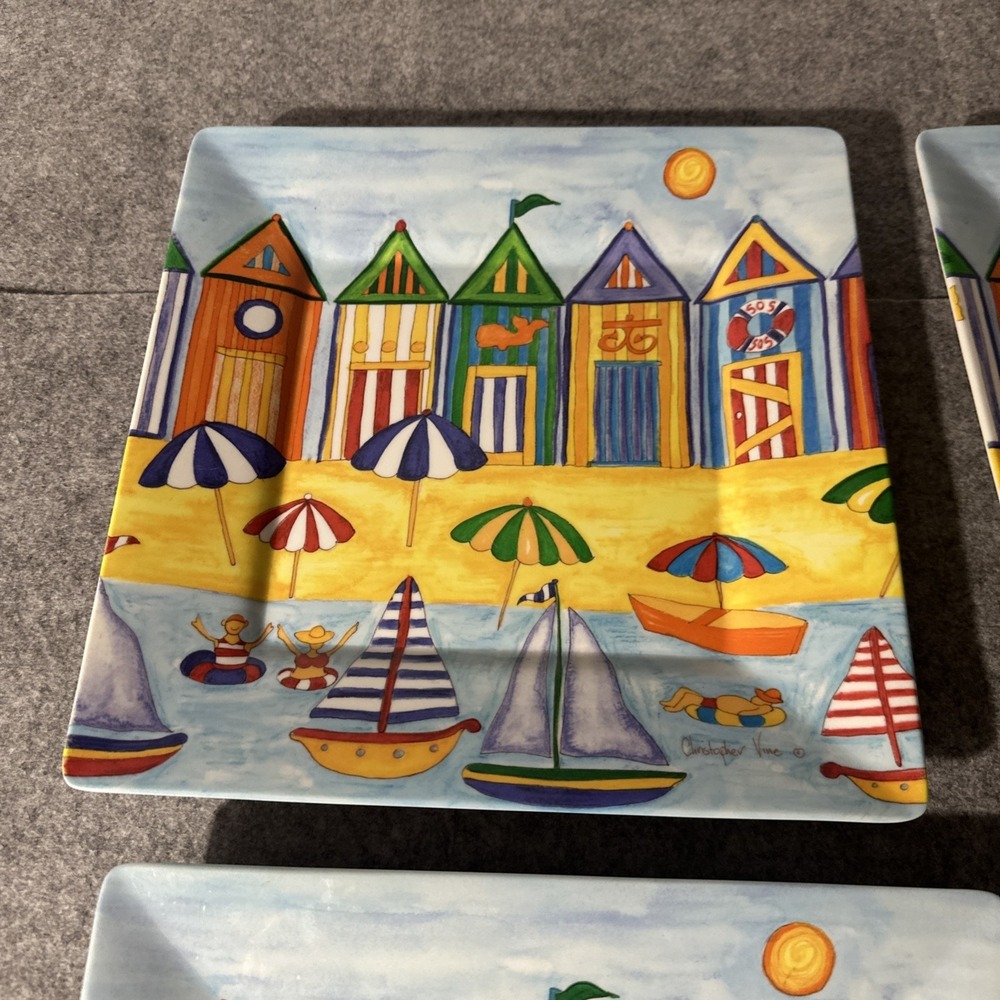 Melamine Sq Plate Set 4 Beach Scene Christopher Vine Plastic Dinner Nautical - Picture 5 of 11